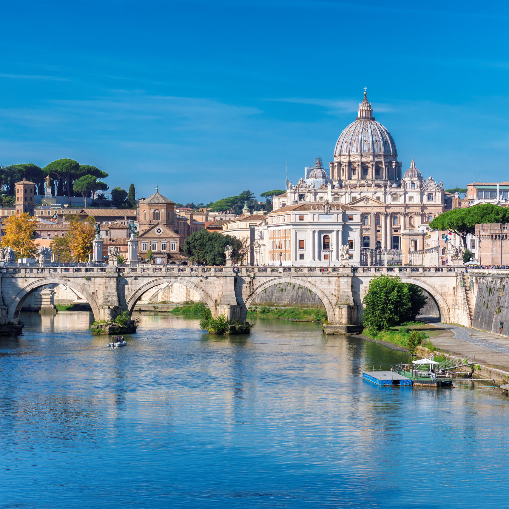 Rome Skyline with Vatican St Peter Basilica at sunny autumn day, Rome Italy.